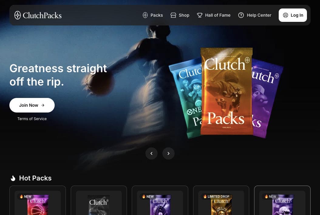 ClutchPacks homepage with the headline Greatness straight off the rip., Clutch pack designs and a Hot Packs row