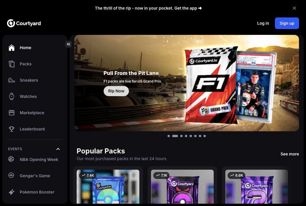 Courtyard.io homepage with an F1 pack banner, a side menu for packs, sneakers, watches and the marketplace, and a popular packs row