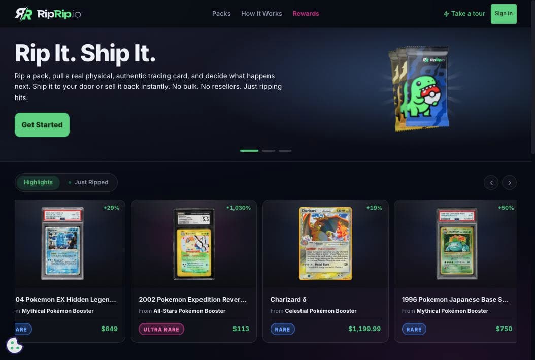 RipRip.io homepage with the headline Rip It. Ship It. and a row of highlighted graded Pokemon card pulls with prices