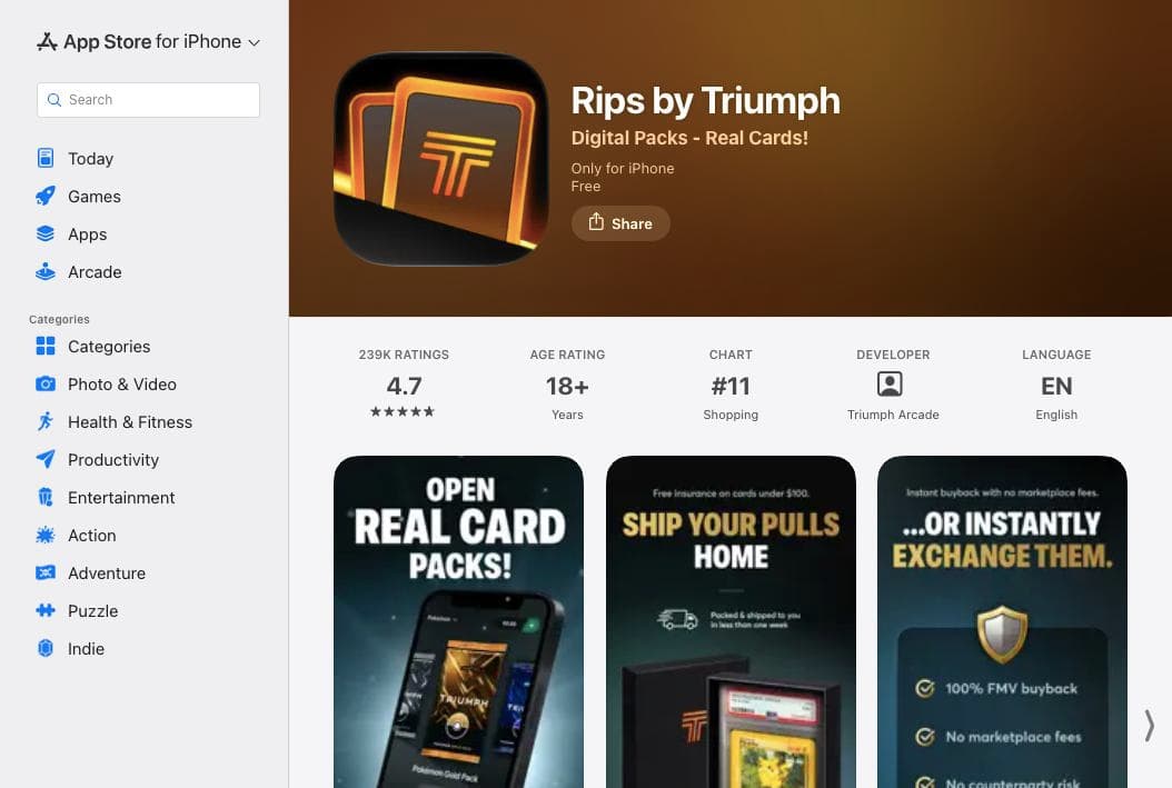 Rips by Triumph App Store listing showing the app icon, ratings summary, 18+ age rating and app preview screenshots
