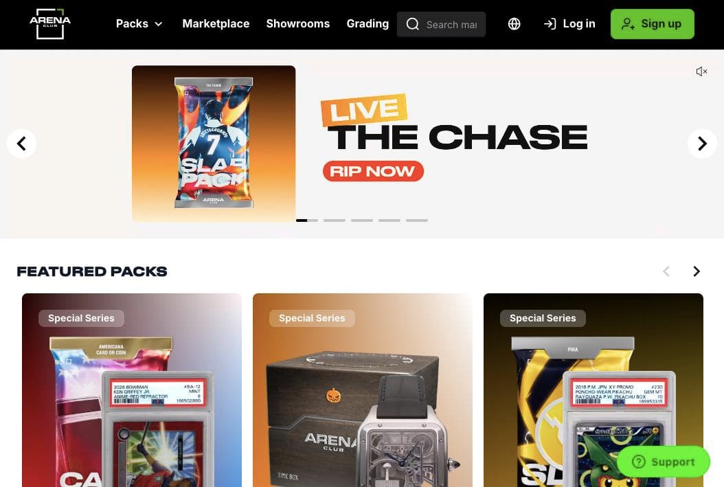 Arena Club homepage with a banner for The Chase Slab Pack and a row of featured Slab Packs containing graded cards