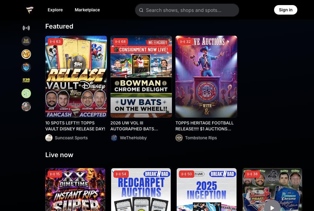 Fanatics Live homepage listing featured and currently live sports card break shows