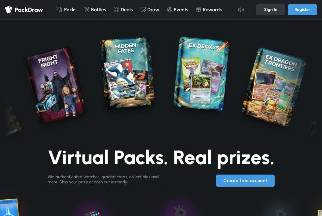 PackDraw homepage showing Pokemon and collectible virtual packs above the headline Virtual Packs. Real prizes.