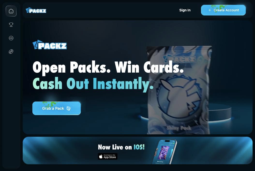 Packz.io homepage with the headline Open Packs. Win Cards. Cash Out Instantly., a Grab a Pack button and an iOS app banner